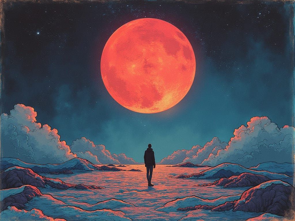 Cosmic Solitude in Vibrant Risograph Style