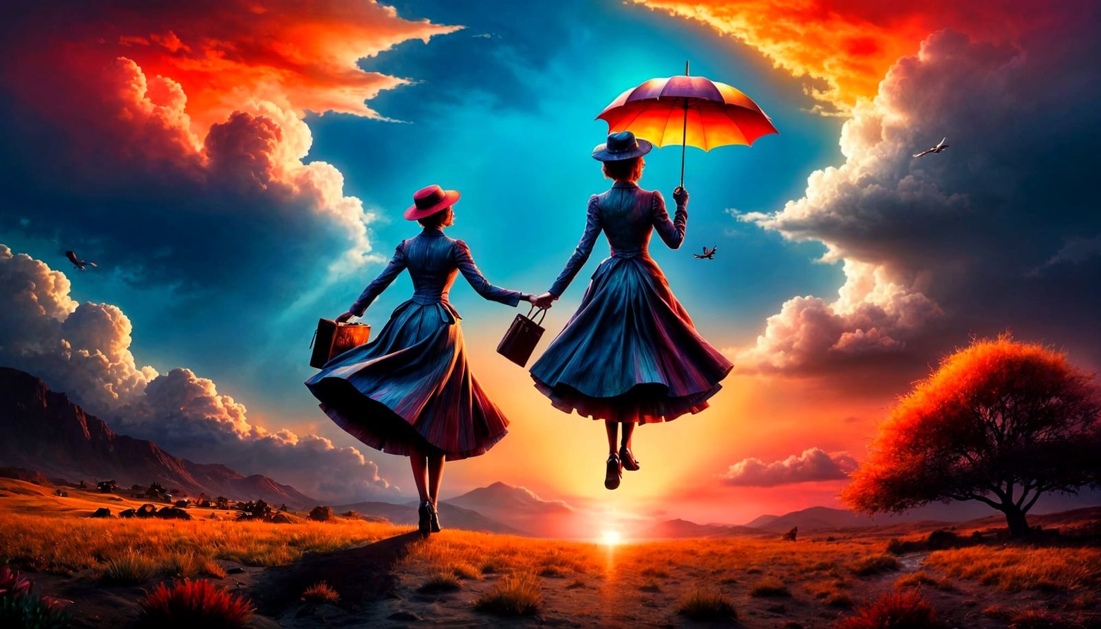 Flying Over Sunset with Mary Poppins in Sfumato Style