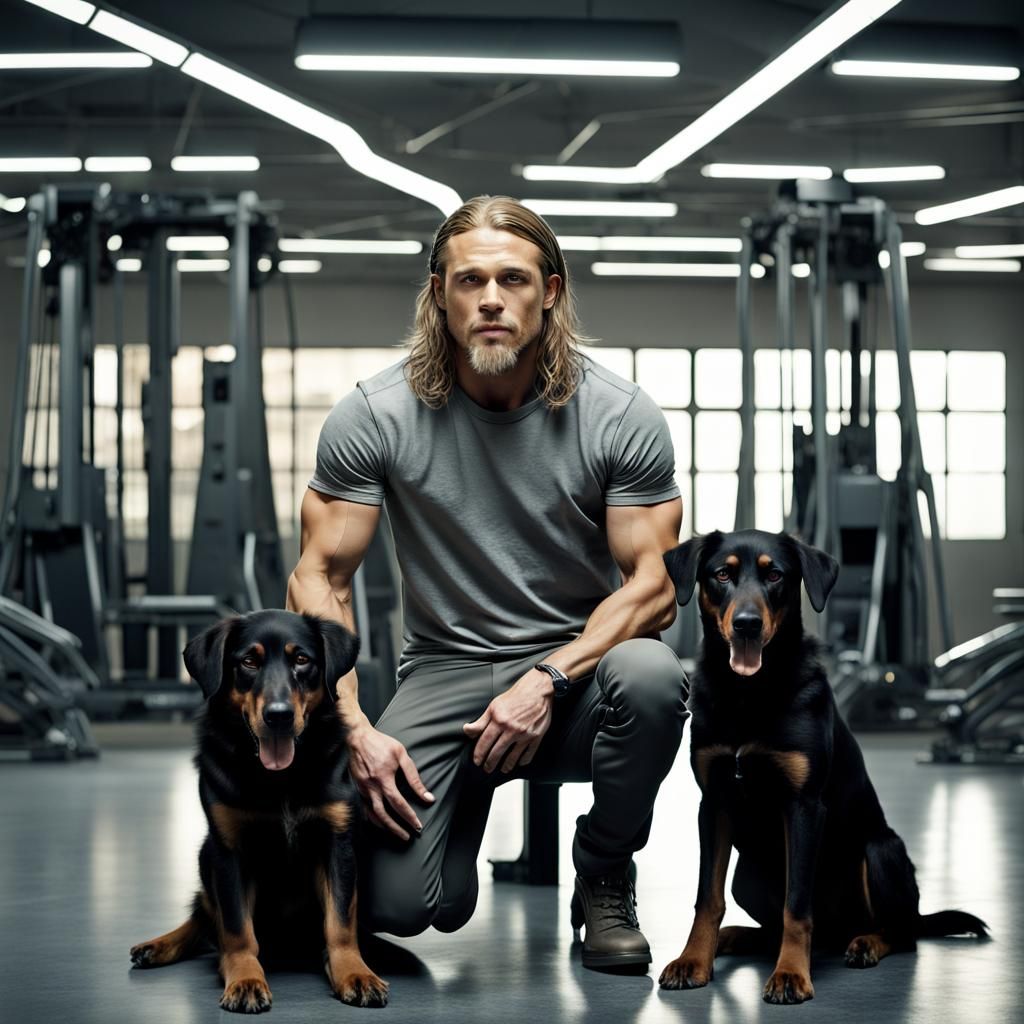 Man with Dogs in Futuristic Gym, Hyperrealistic Style