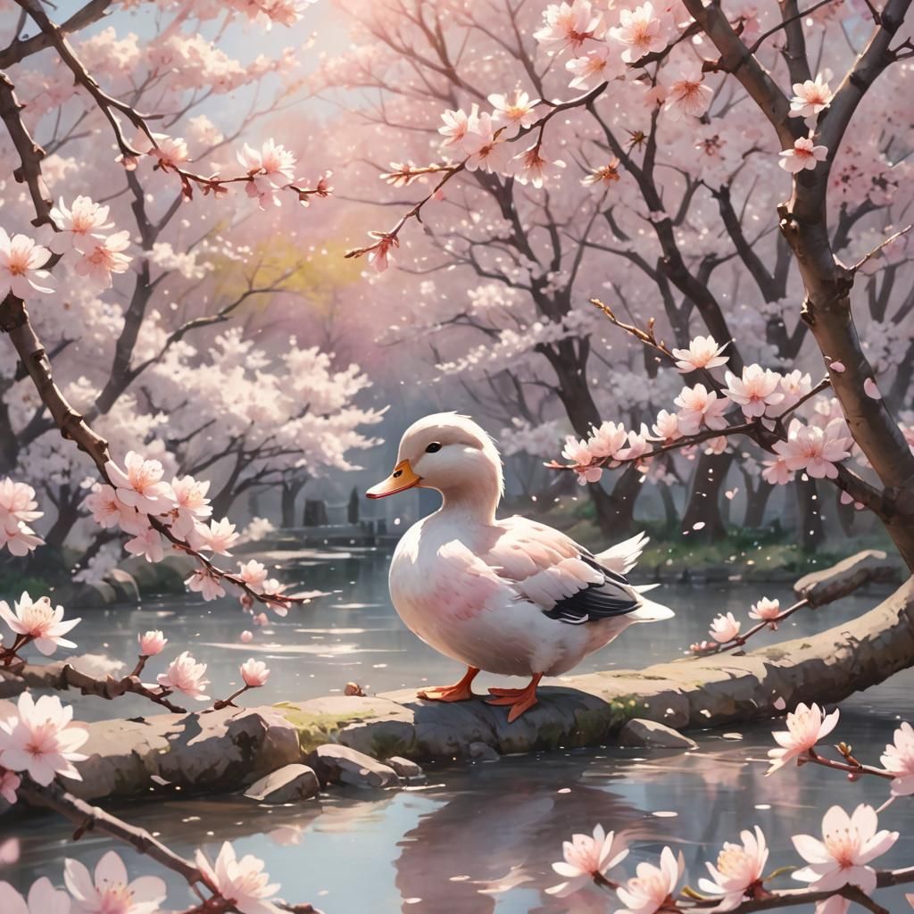 Pink Duck Under Cherry Blossoms: Anime Watercolor