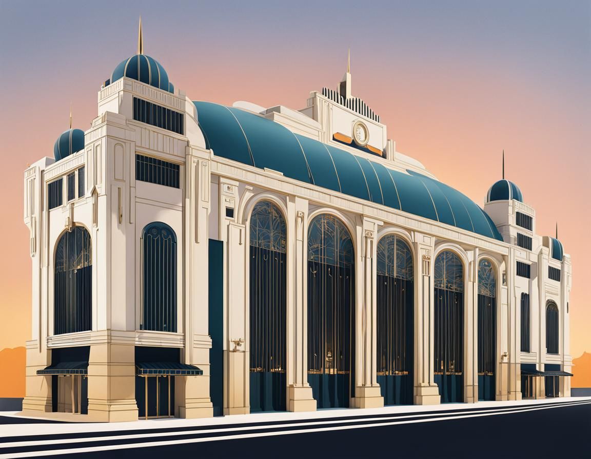 Elegant Art Deco Train Station in 2D Style