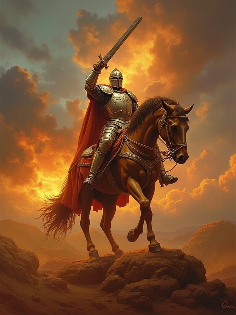 Valiant Knight on Horseback at Dawn