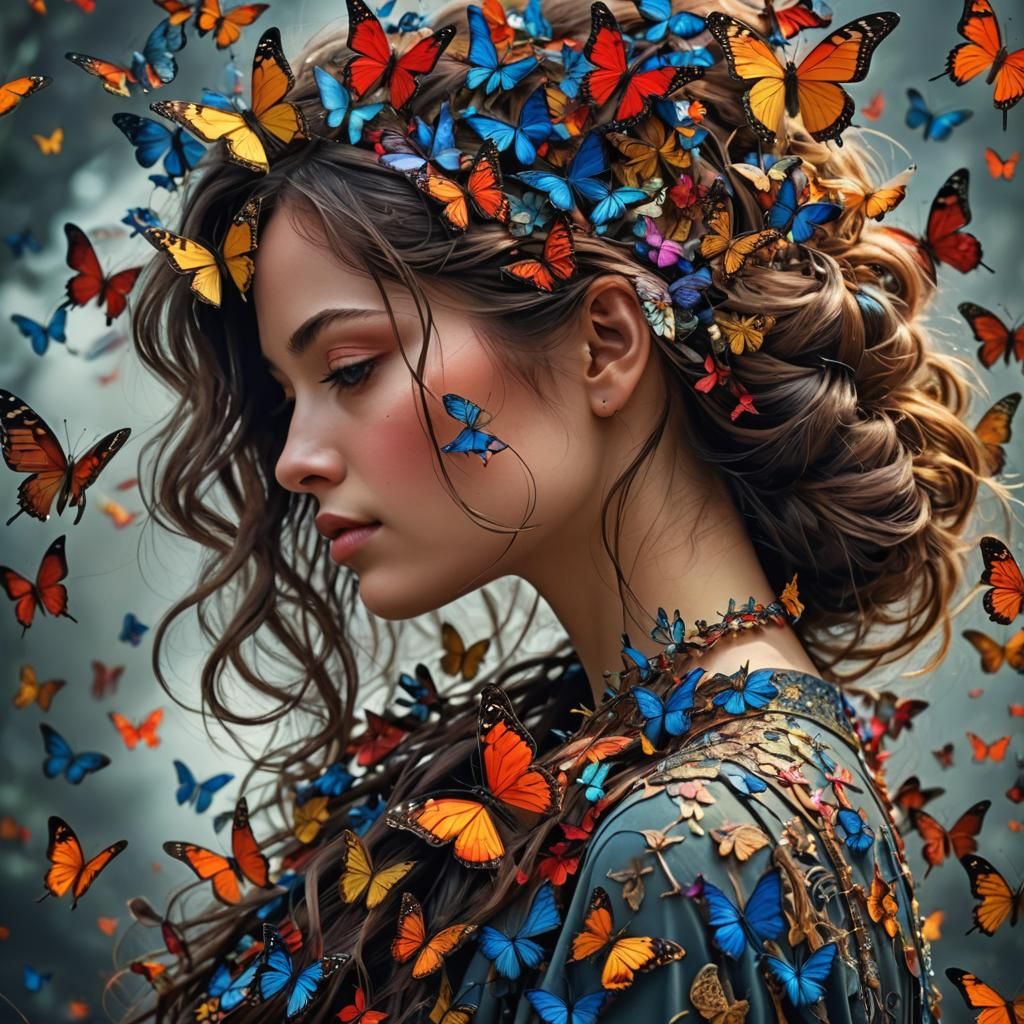 Woman with Butterfly Hair: Hyperrealistic Composition