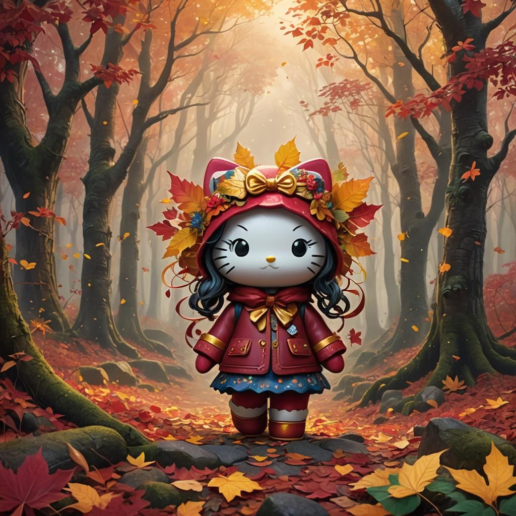 Hello Kitty in Cozy Autumn Forest: Digital Art