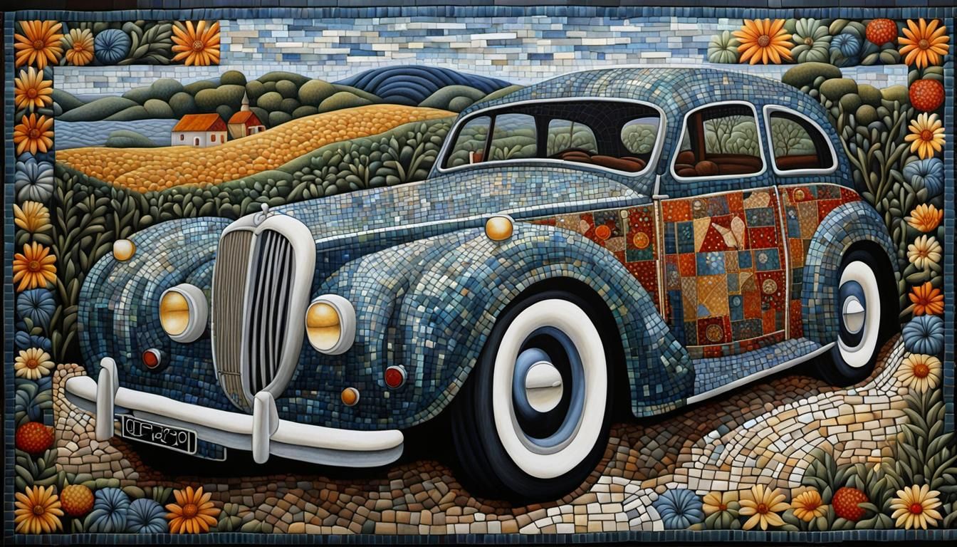 Surreal Mosaic Car: Patchwork Fantasy