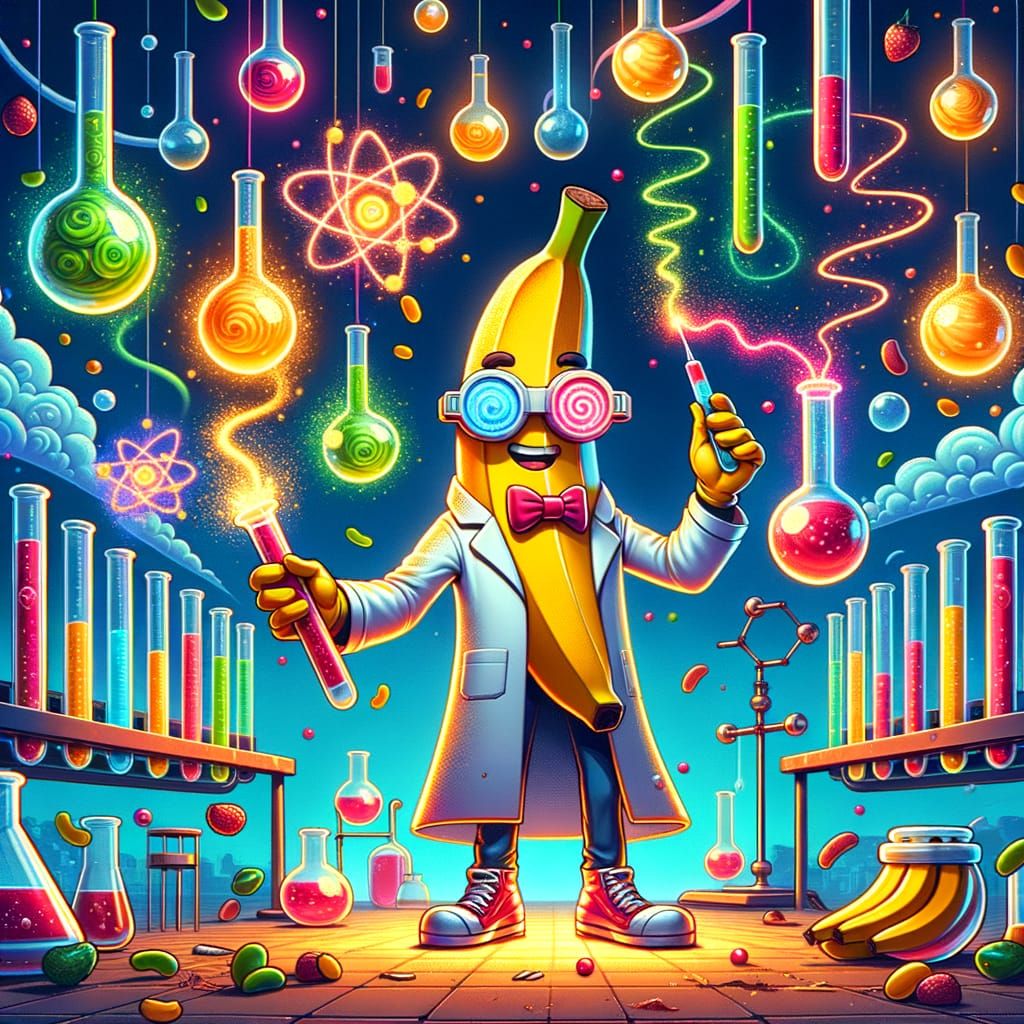 Banana Scientist Conducts Magical Chemistry in Cartoon Style
