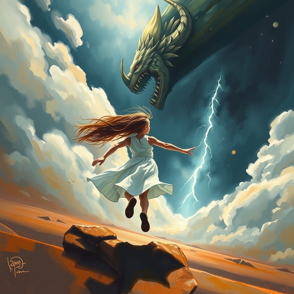 Girl Runs Towards Monster in Impressionist Style