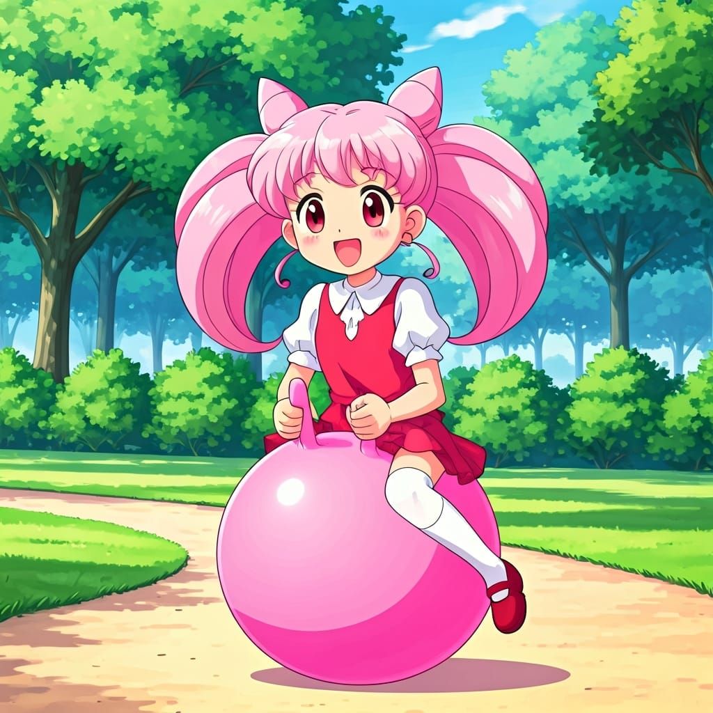 Chibiusa Bouncing Happily on Pink Ball, Anime Style
