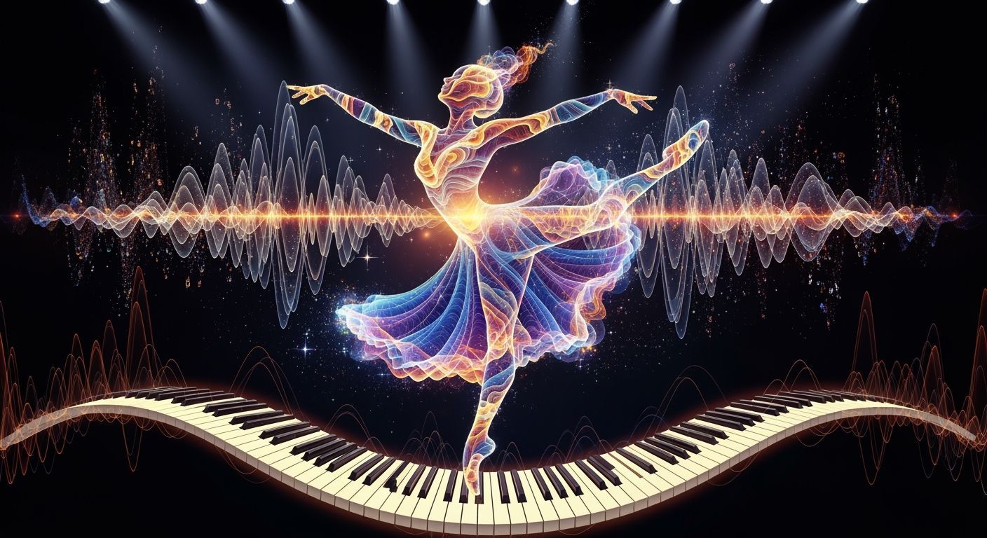 Luminous Sound Wave Dancer on Piano Keys
