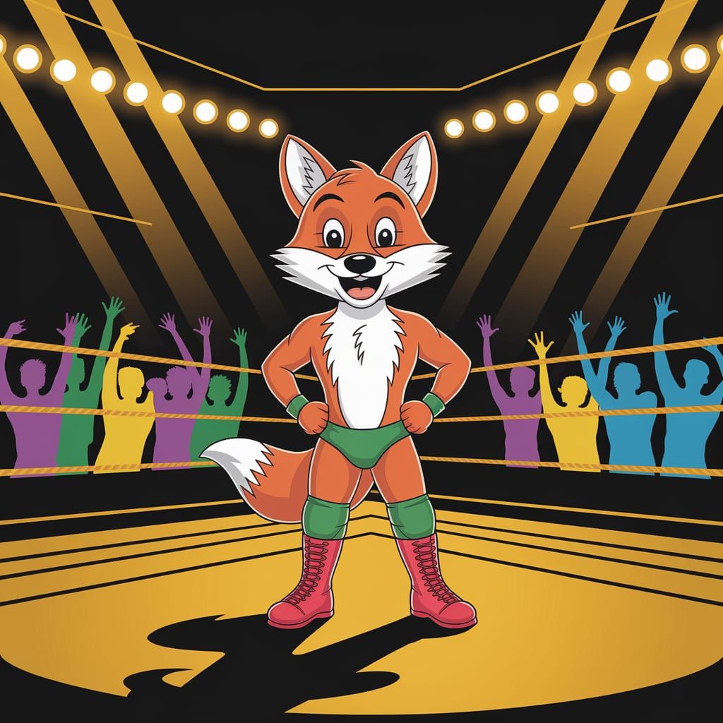 Confident Cartoon Fox Wrestler Steals the Show in Pro Wrestl...