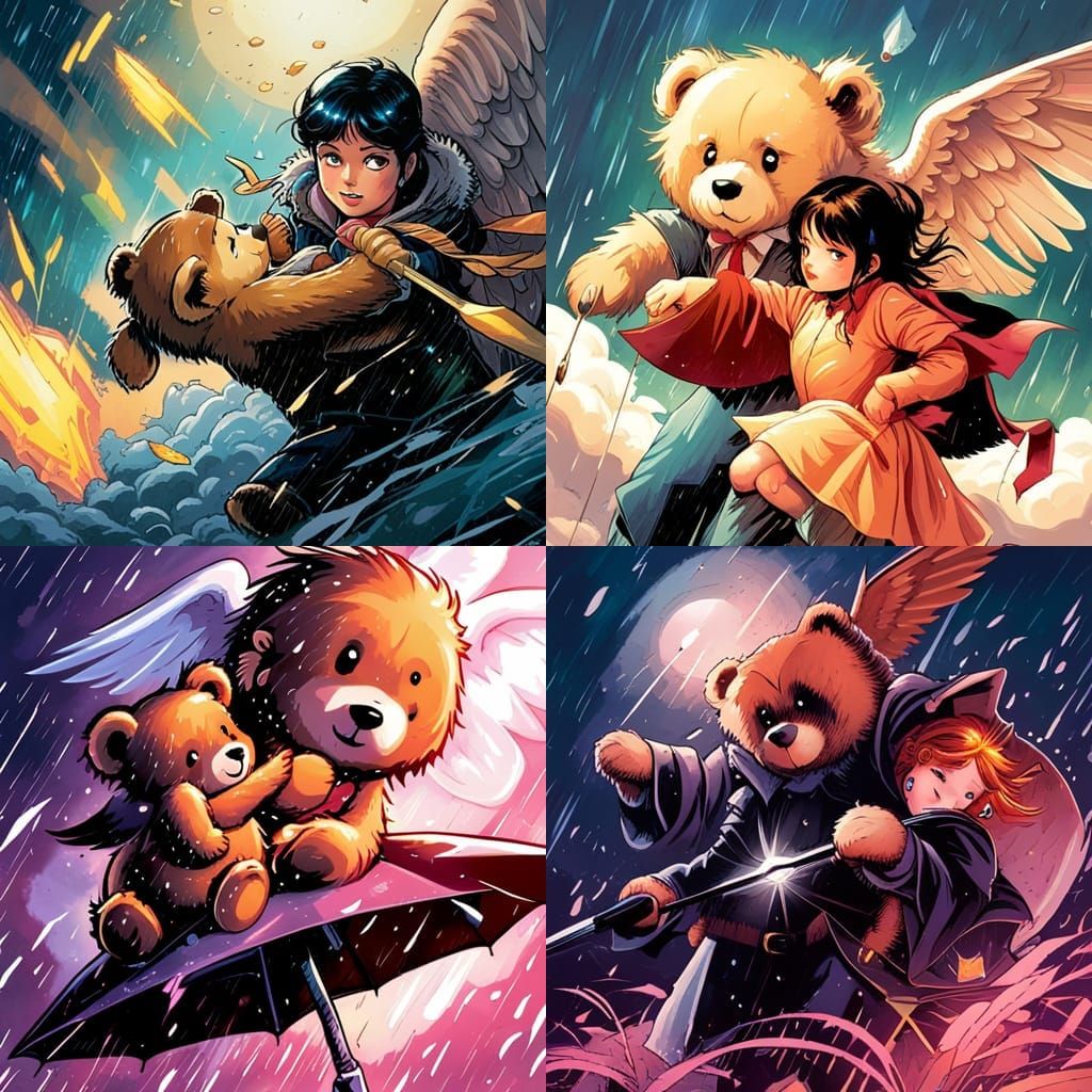Teddy Bear Angel Protects Girl: Comic Book Art