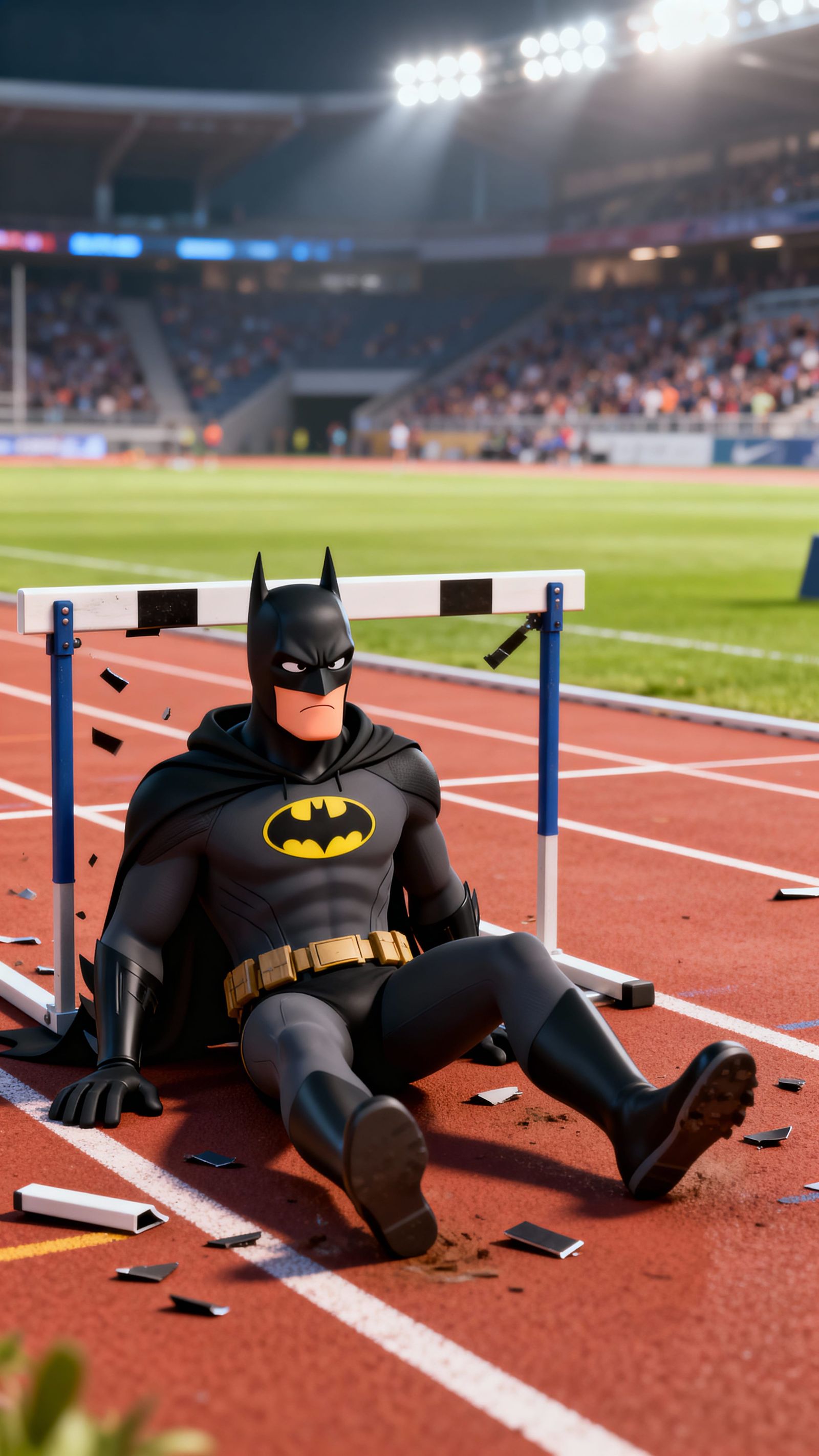 Batman's Comical Fall on Running Track in 3D Cel-Shaded Styl...