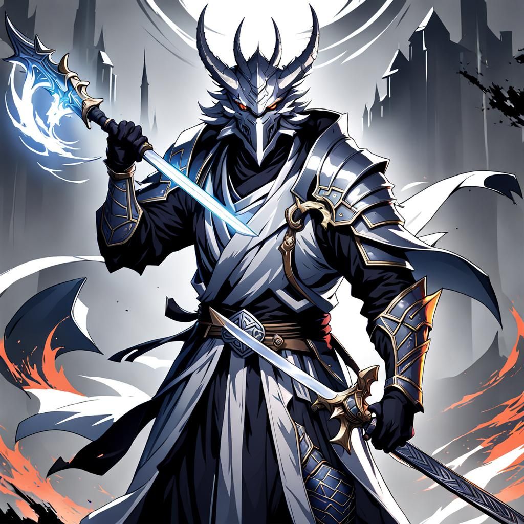 Silver Dragonborn Warlock in Anime Style