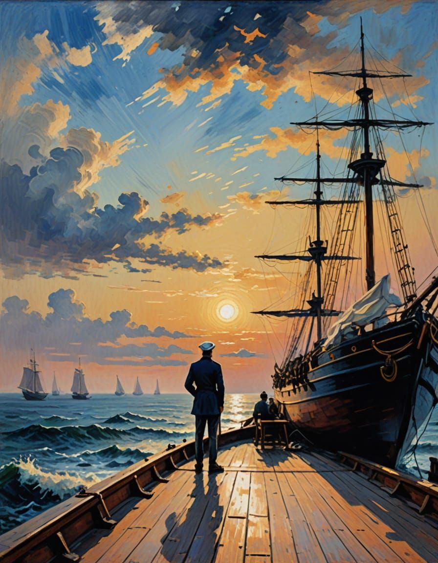 Romantic Sailor at Sunset, in Impressionist Style