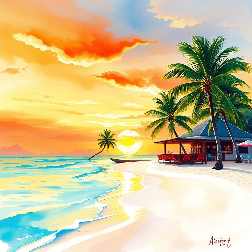 Tropical Beach Sunset in Impressionist Watercolor Style
