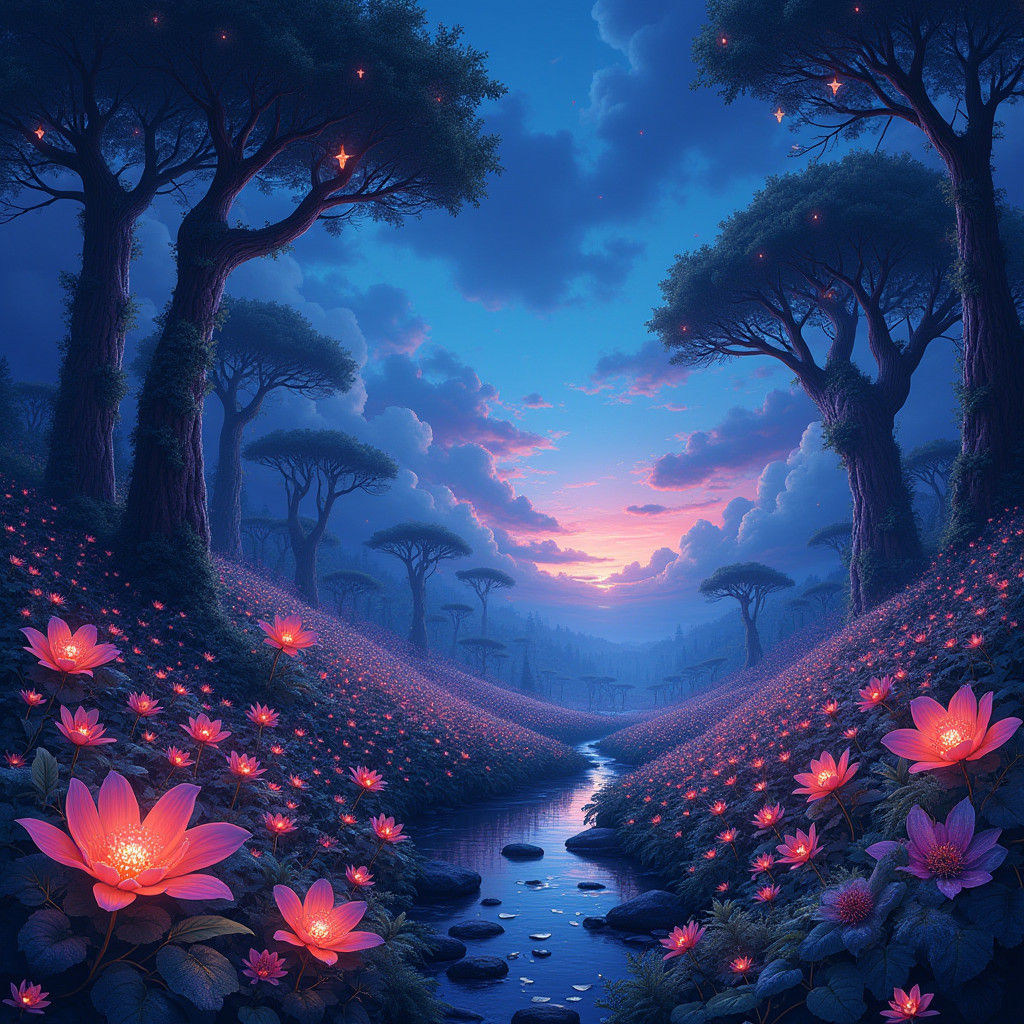 Enchanted Bioluminescent Flower Forest in Matte Painting Sty...