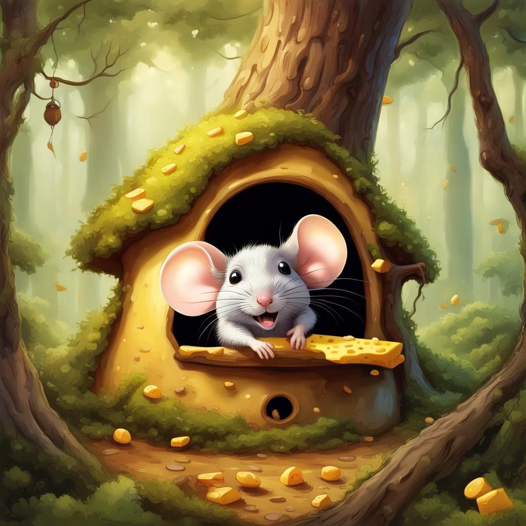 Mouse in Cheese House, Magical Forest Scene