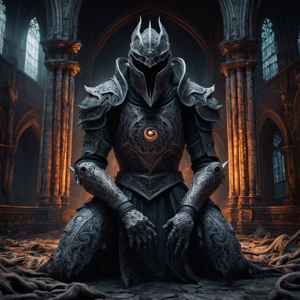 Tormented Knight in Ruined Cathedral: Surreal Digital Art