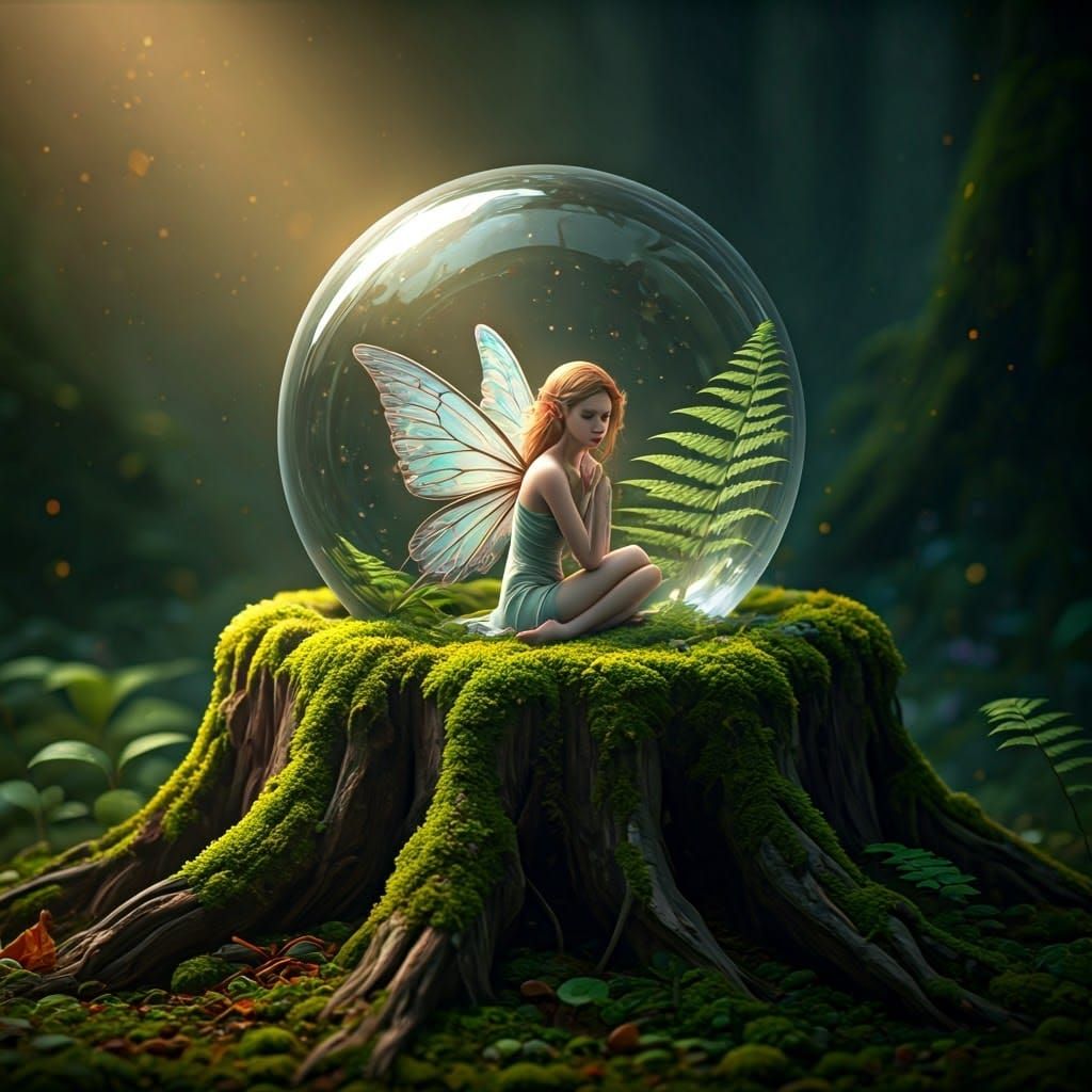 Ethereal Fairy in Glowing Orb, Enchanted Forest