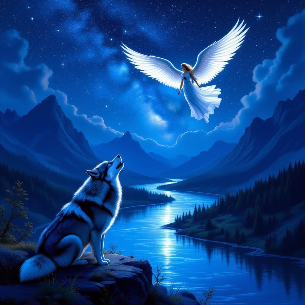 Wolf Howling at River with Angel in Starry Night