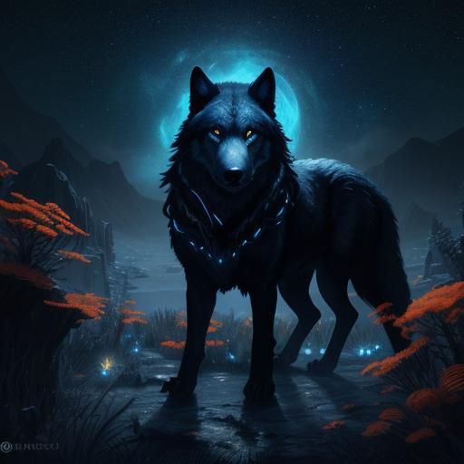 Wolf and Girl Step into Starry Void: Fantasy Art
