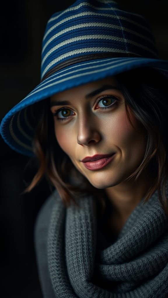 Woman in Blue Striped Hat: Studio Portrait