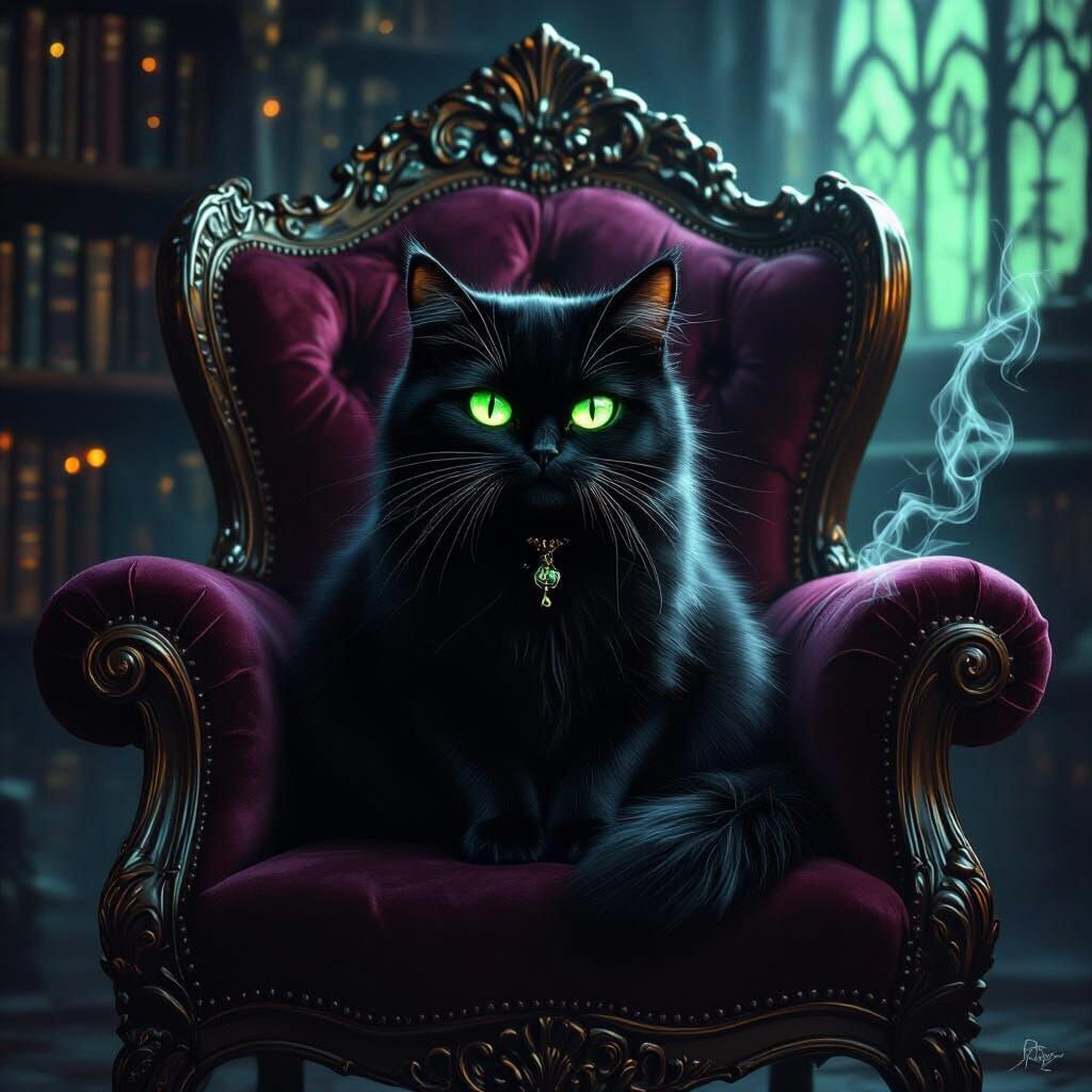 Cute Black Cat in Spooky Gothic Library