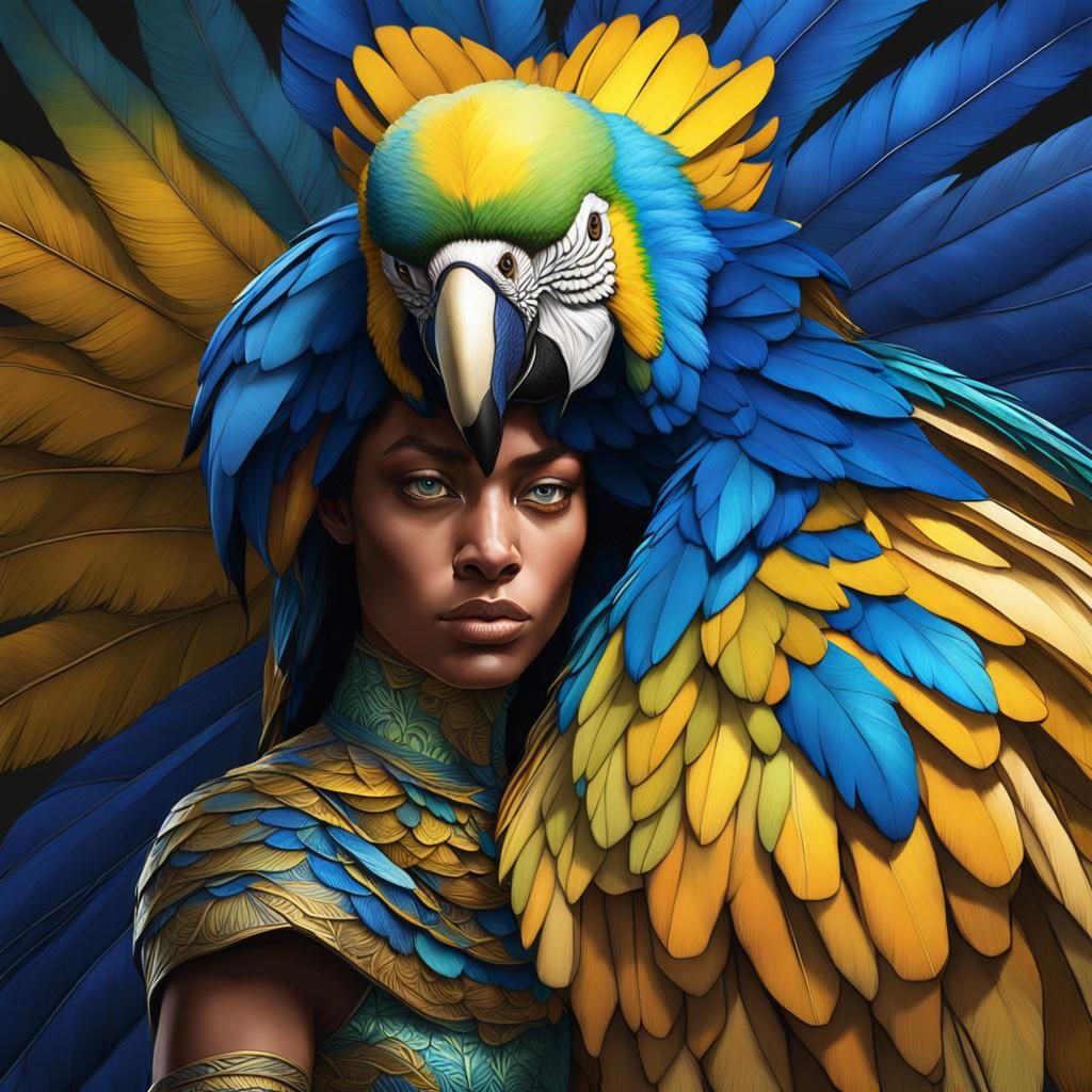 Woman in Macaw Feathers Portrait, Digital Art