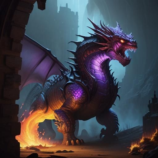 Tiny Pink Dragon Breaths Fire in Dark Fantasy Art