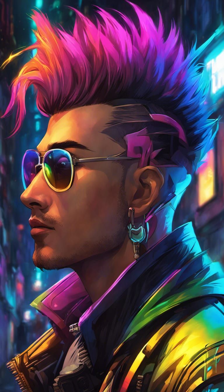 Cyberpunk Portrait with Rainbow Hair in Bioluminescent Alley
