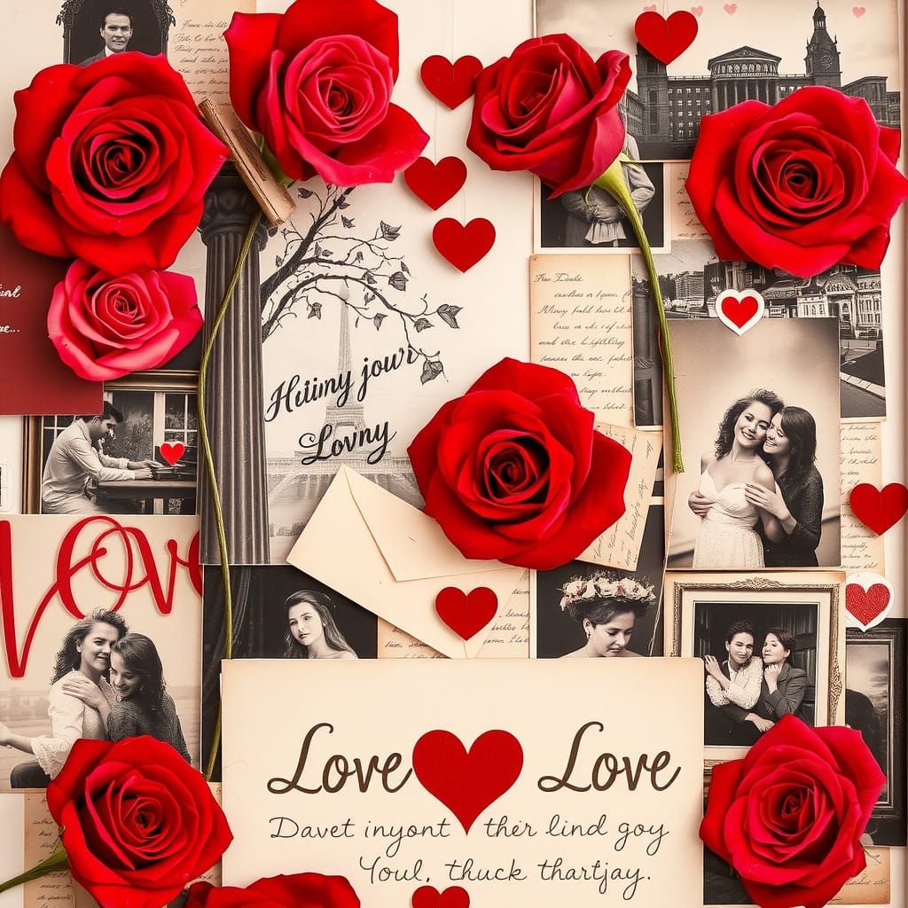 Romantic Love Collage in Red Monochromatic Style