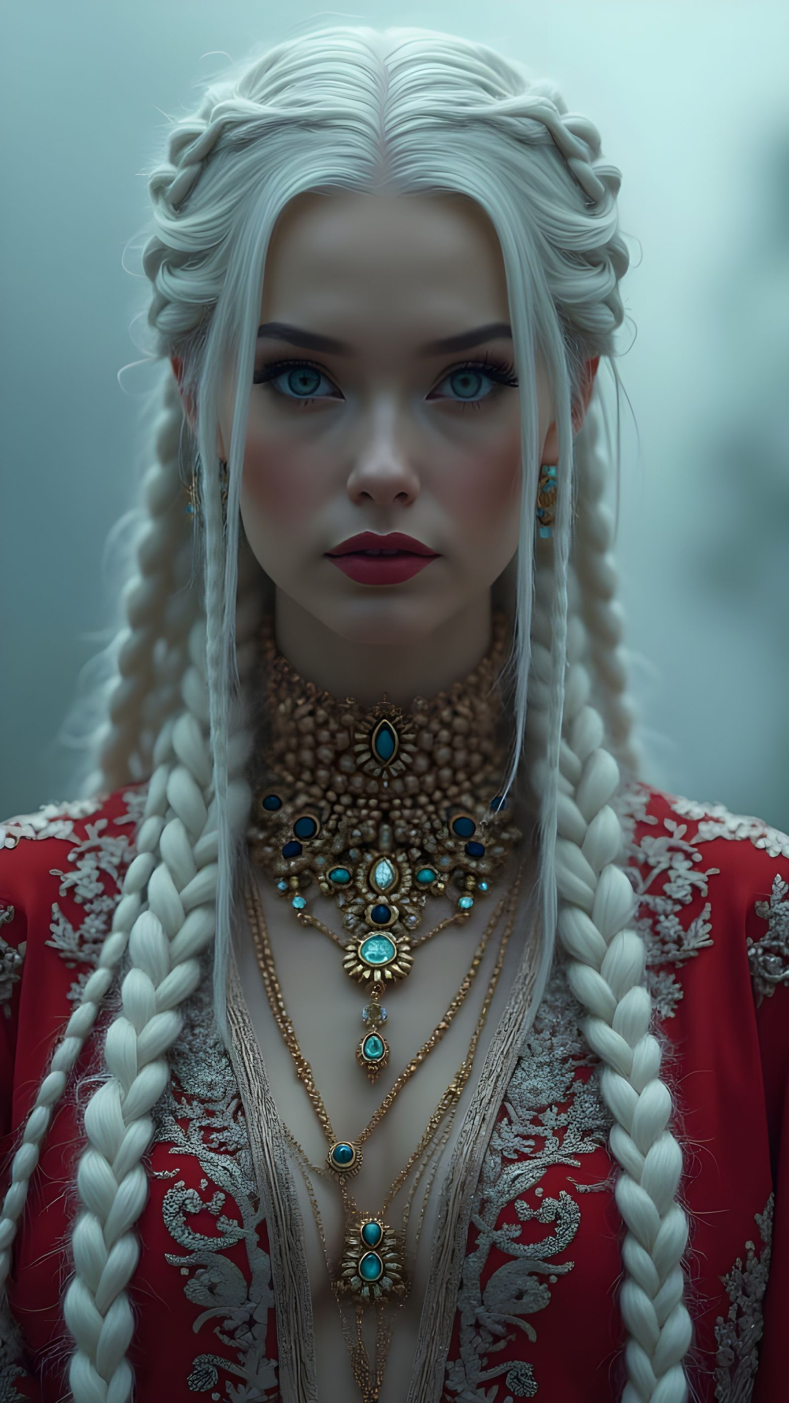 Stunning Woman with Silver Braids in Moody Cinematic Light