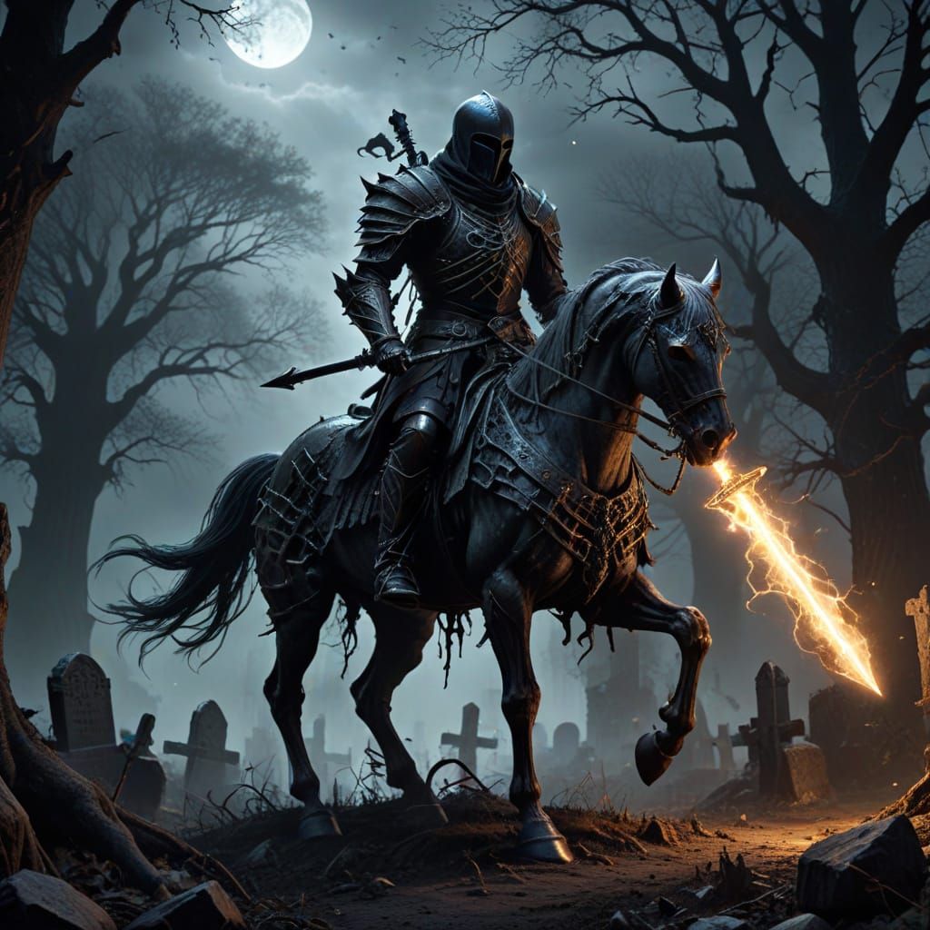 Spectral Knight on Skeletal Steed in Haunted Graveyard