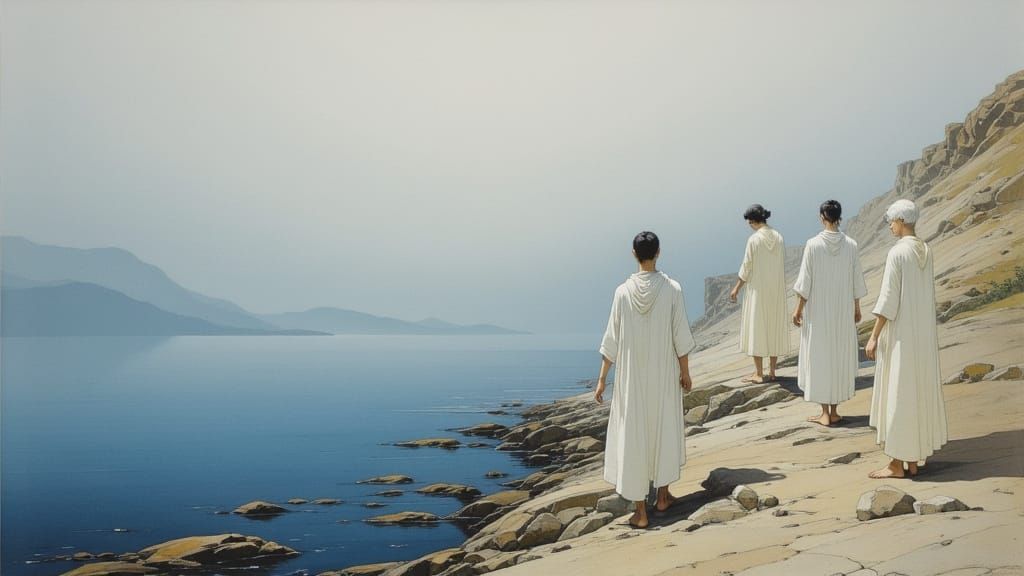 Ethereal Figures on Misty Shoreline Oil Painting