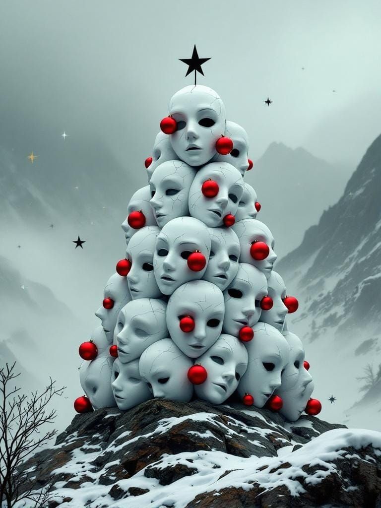 Surreal Christmas Tree of Masks in Misty Mountains
