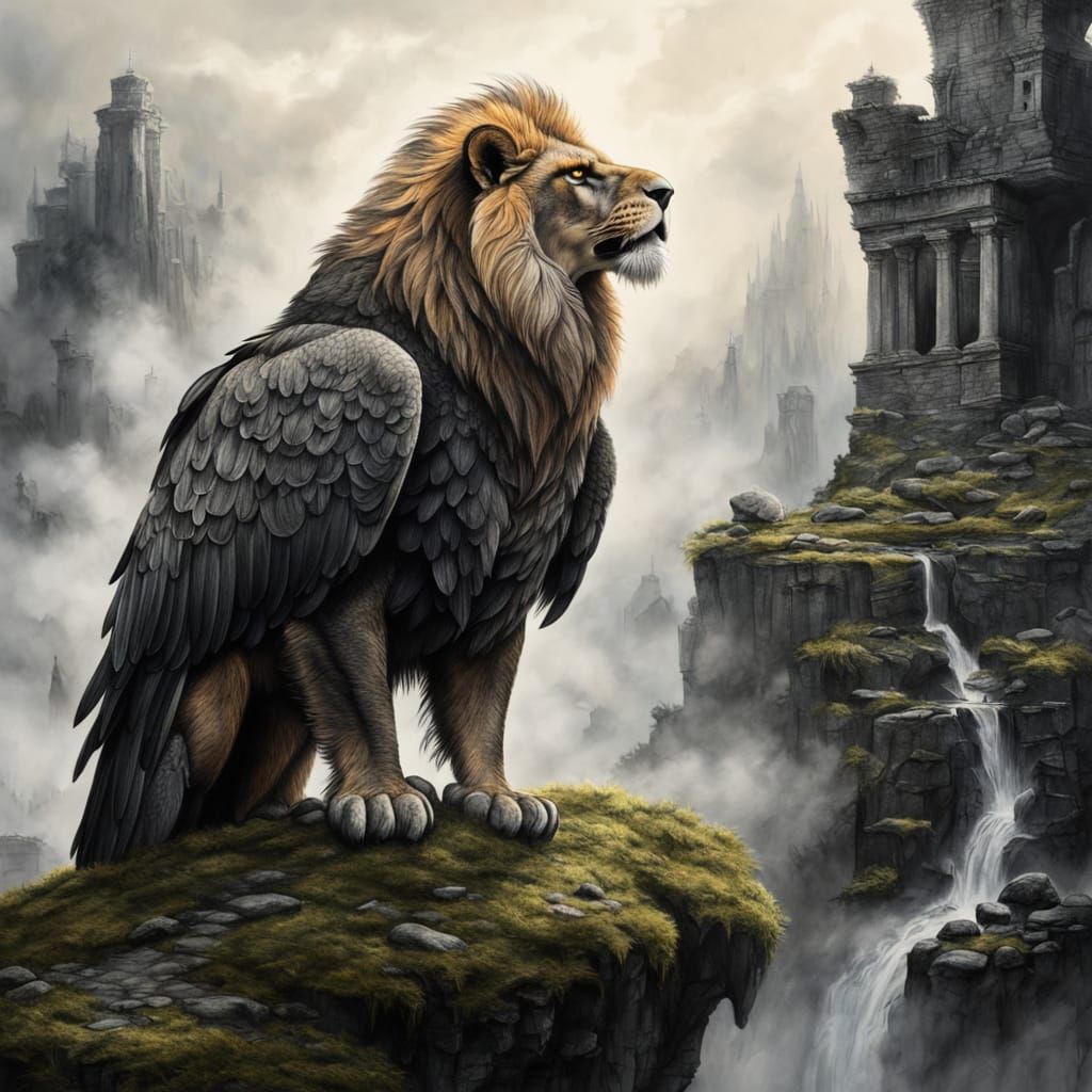 Lion-Eagle Hybrid on Misty Ruins in Charcoal Style