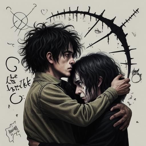 Emotional Male Couple Enduring Hardship in Gothic Horror Sty...