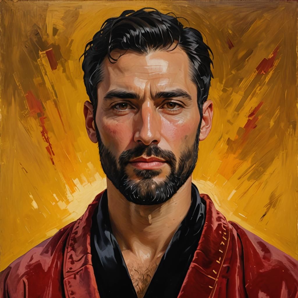 Serene Man in Red Robe: Impressionist Oil Painting
