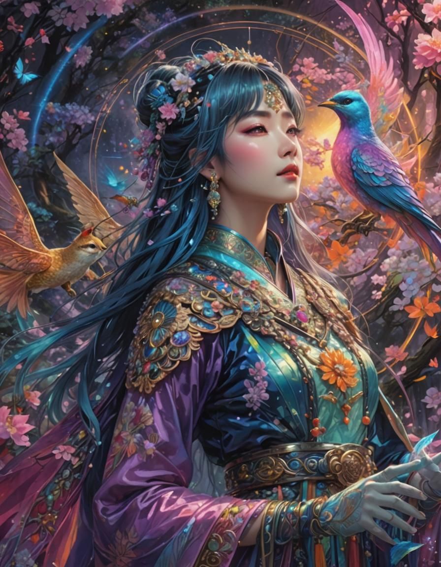 Ancient Oriental Princess Casting Spell in Vaporwave Style