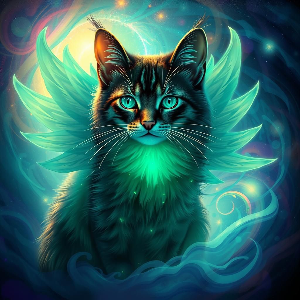 Emerald Cosmic Cat Angel in Digital Art Style