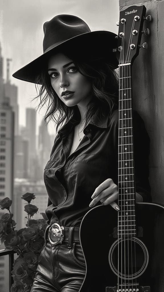 Confident Woman in Red Roses and NYC Skyline