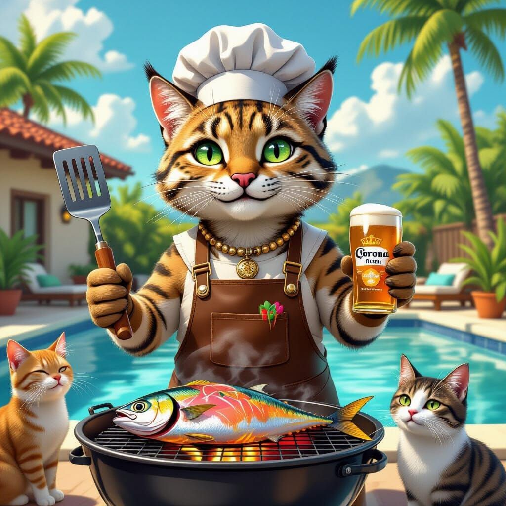 Puma Cat BBQ Party in Digital Art Style