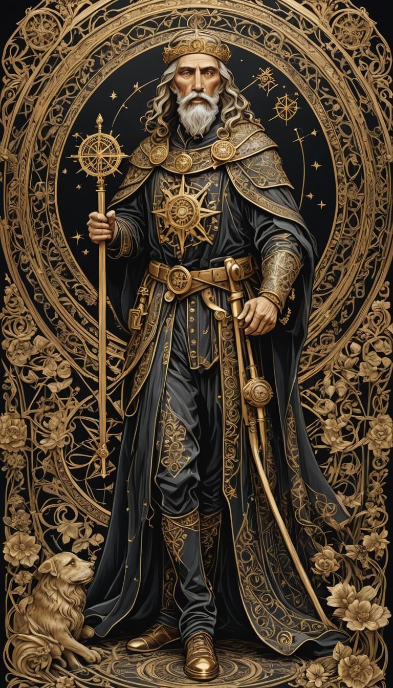 Medieval Sculptor Carving Compass Rose in Golden Line Art