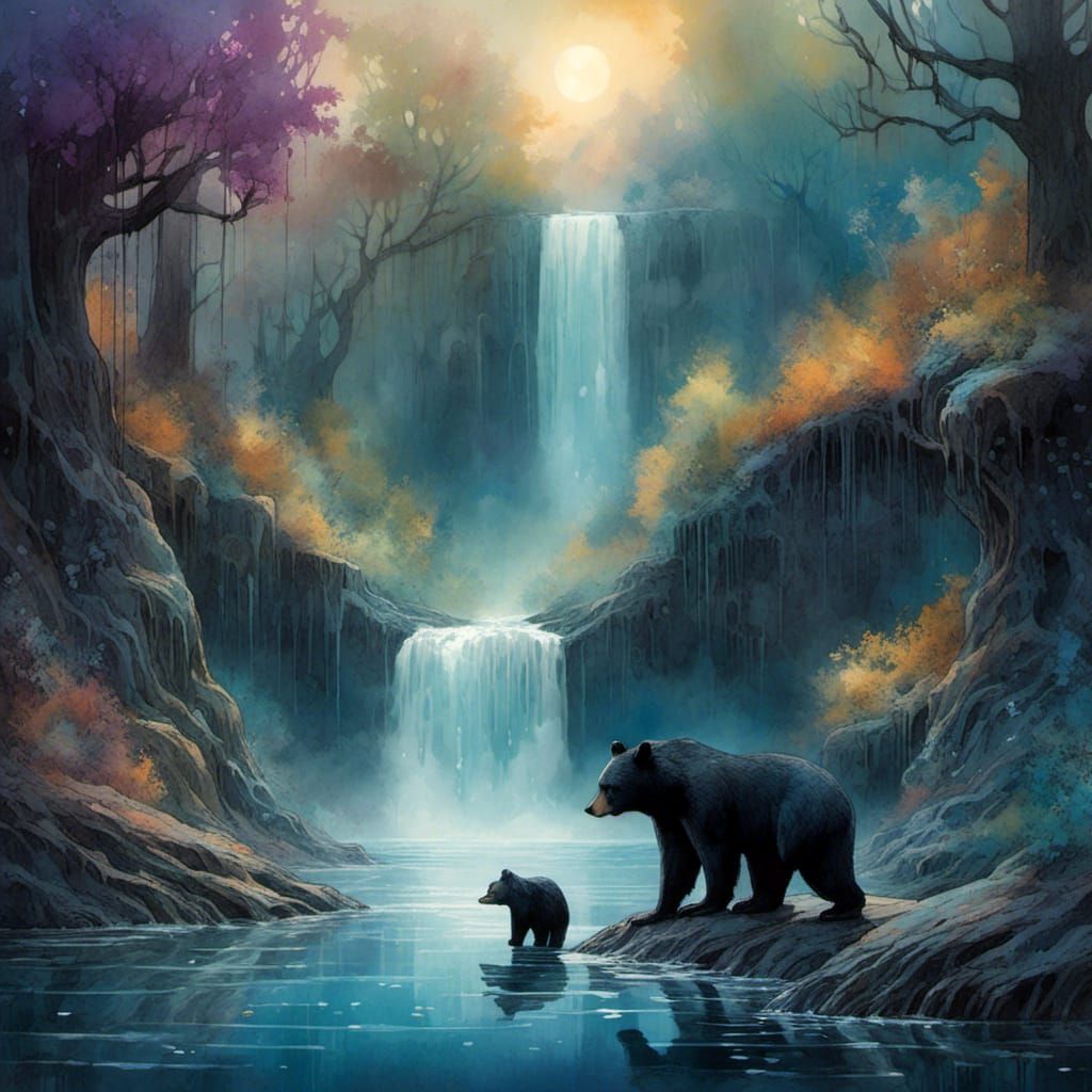 A bear and her cub at the waterfall