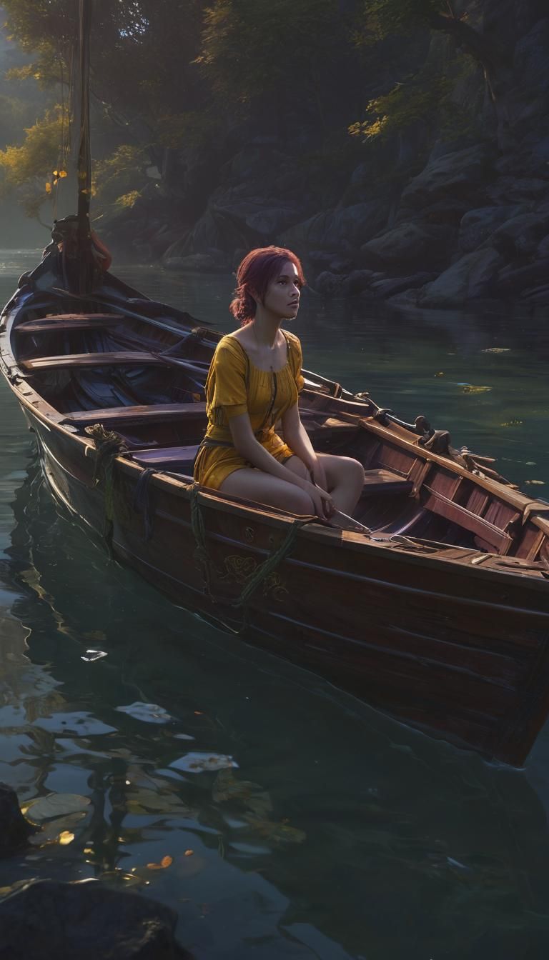 Girl's Peaceful Life on Boat: Dark Fantasy Art