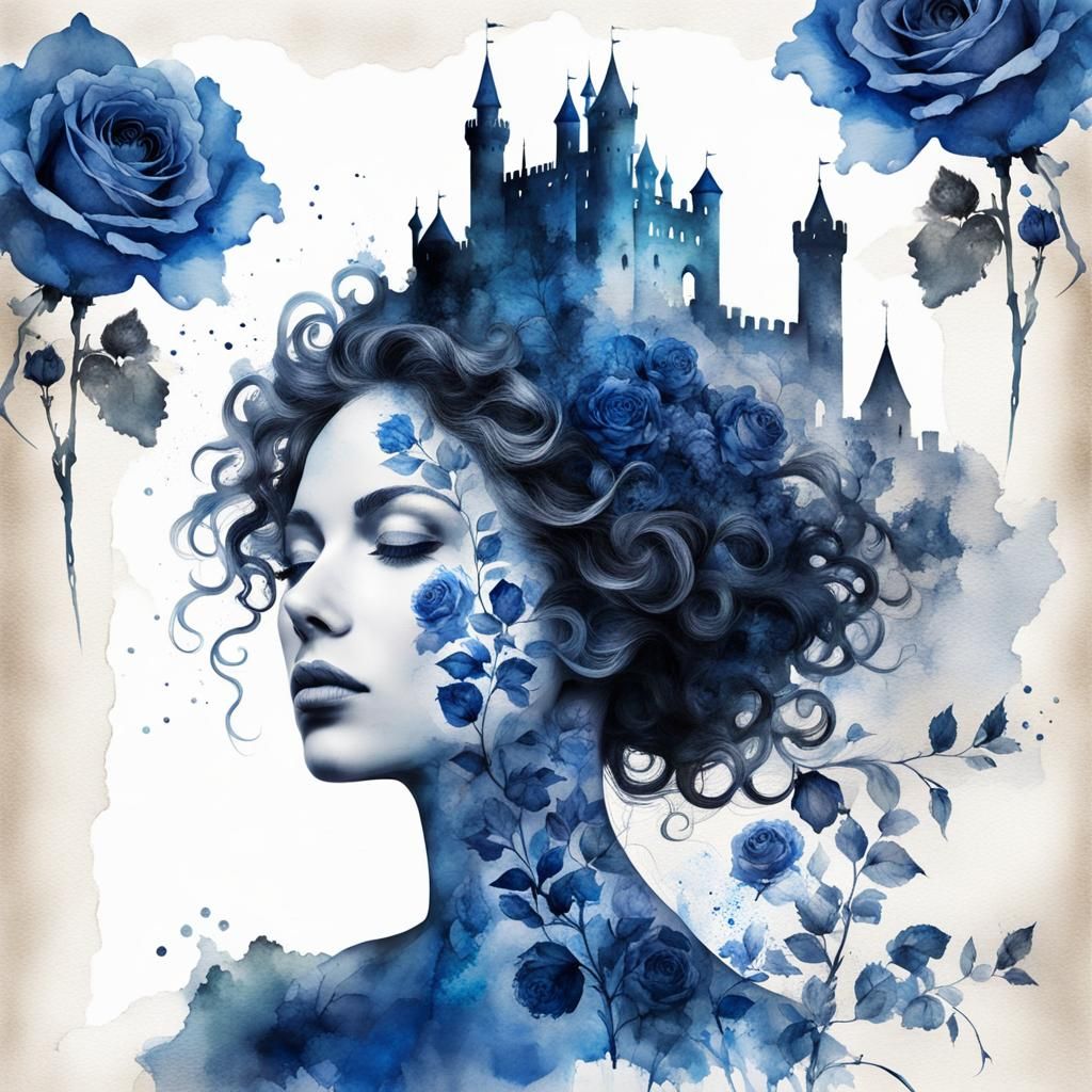 Double Exposure: Woman, Castle, Roses in Watercolor