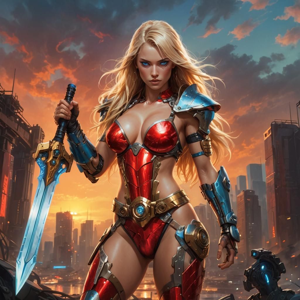 Cyberpunk Warrior with Bionic Arms and Red Armor