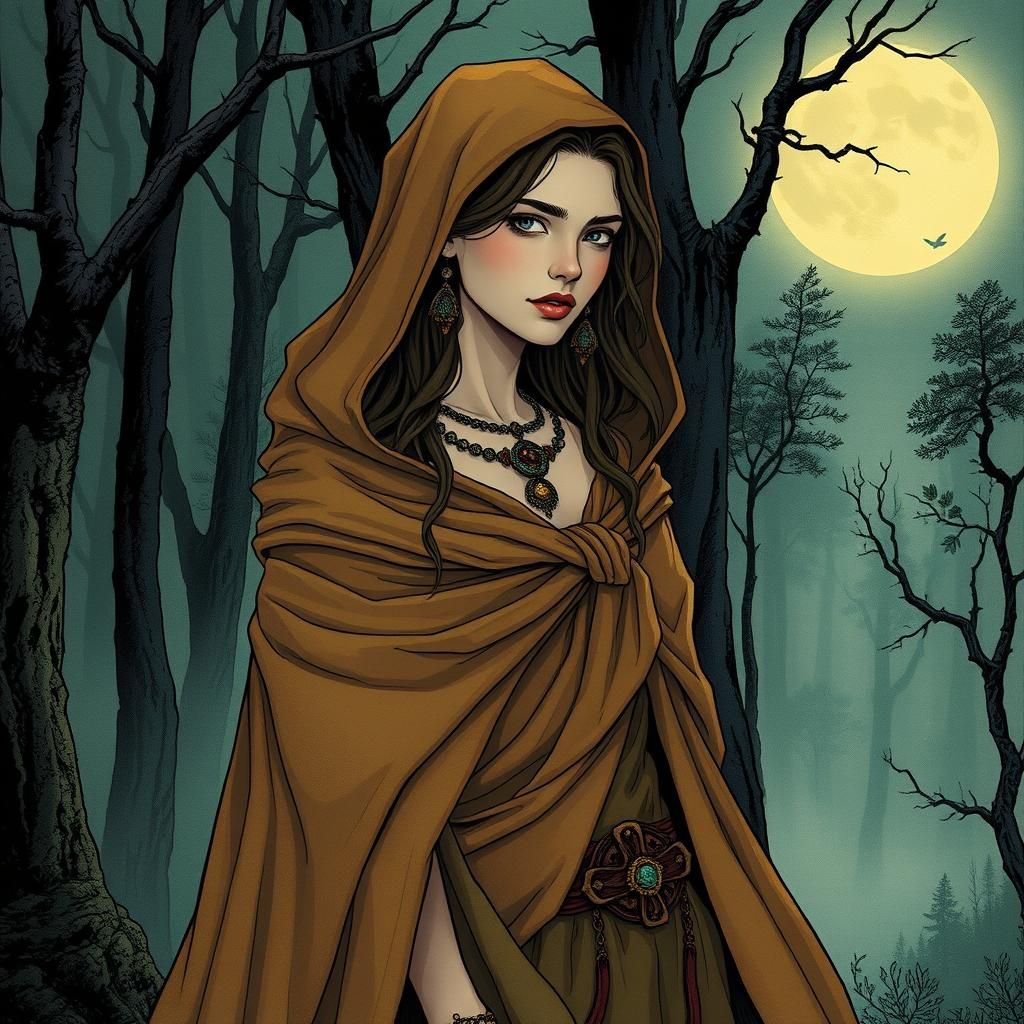 Mystical Woman in Moonlit Forest, Expressive Illustration