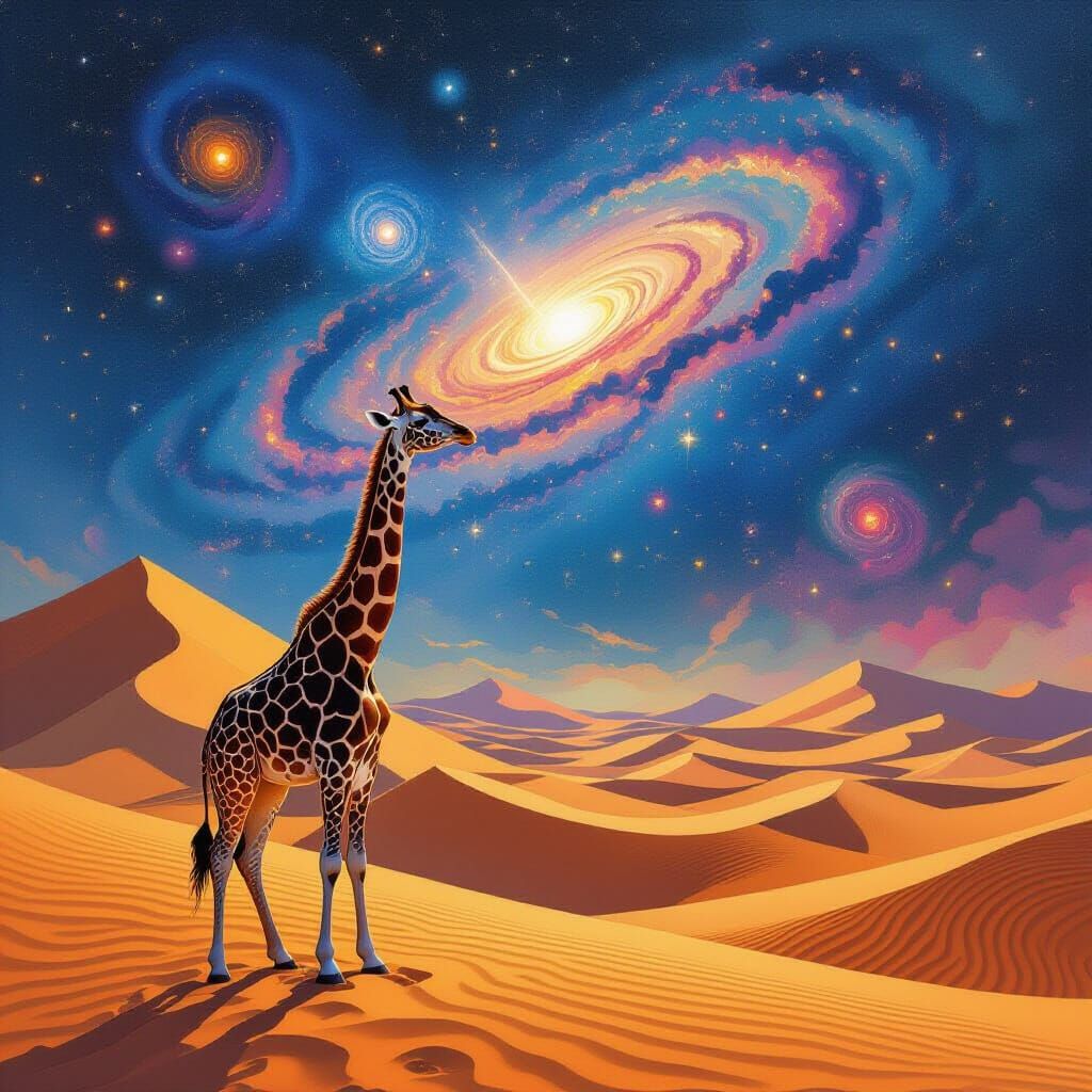 Nebula Giraffe Under Cosmic Sky in Abstract Desert
