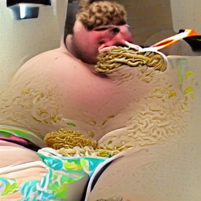 Overweight Person Overindulging in Ramen